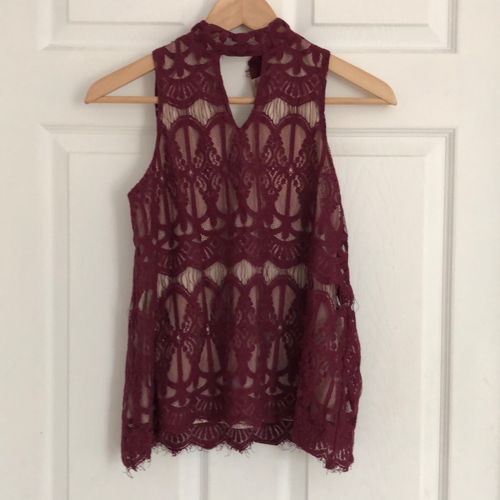 Sexy Burgundy Sleeveless Lace Top
